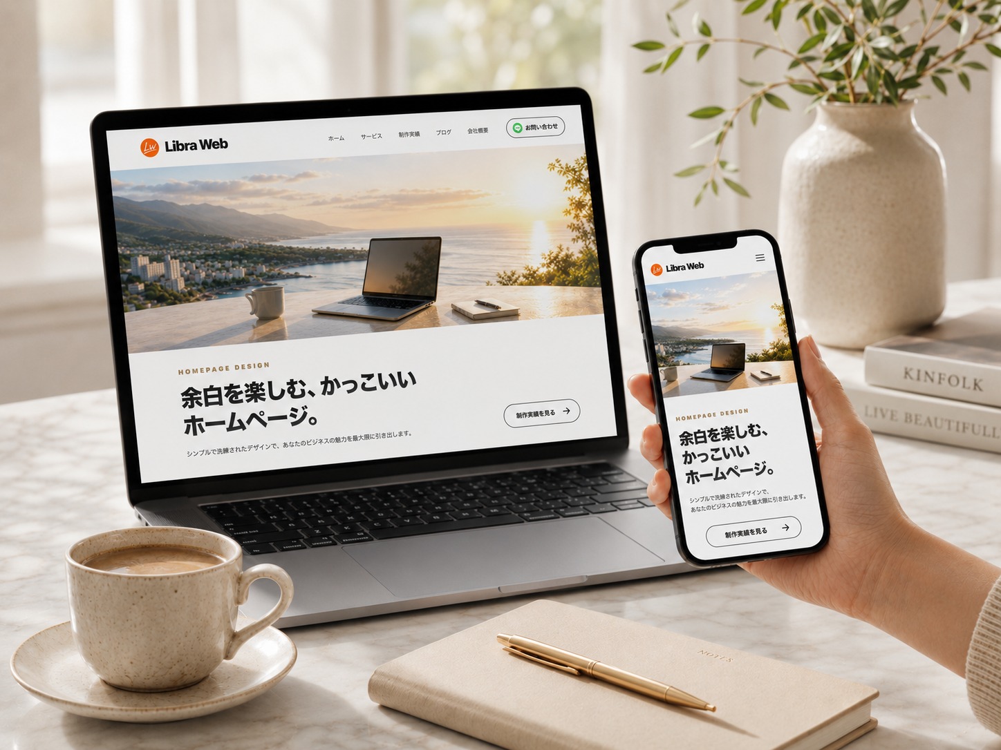 ノートPCとスマートフォンでホームページを表示したワークスペース